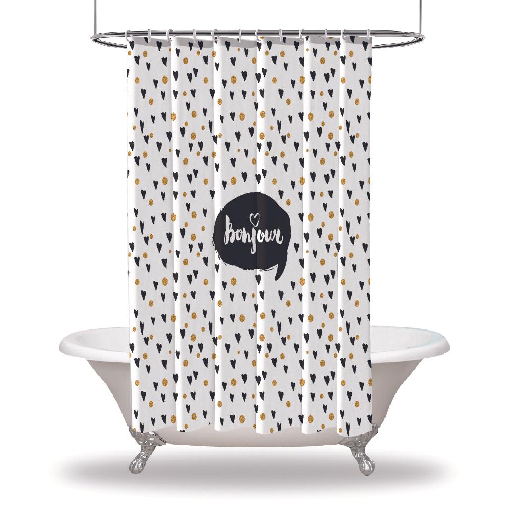 

Занавеска для душа с художественным принтом/водостойкие шторы для душа для украшения вашей ванной комнаты — Bonjour Hearts Dots Hello, цвет: французский черный