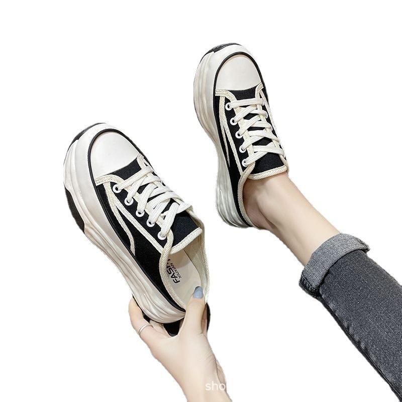 2025 New Muffin Bottom Heightened Casual Lazy Half Support Thick Bottom Bag Head Half Slippers Women's Summer Outer Wear Canvas Slippers