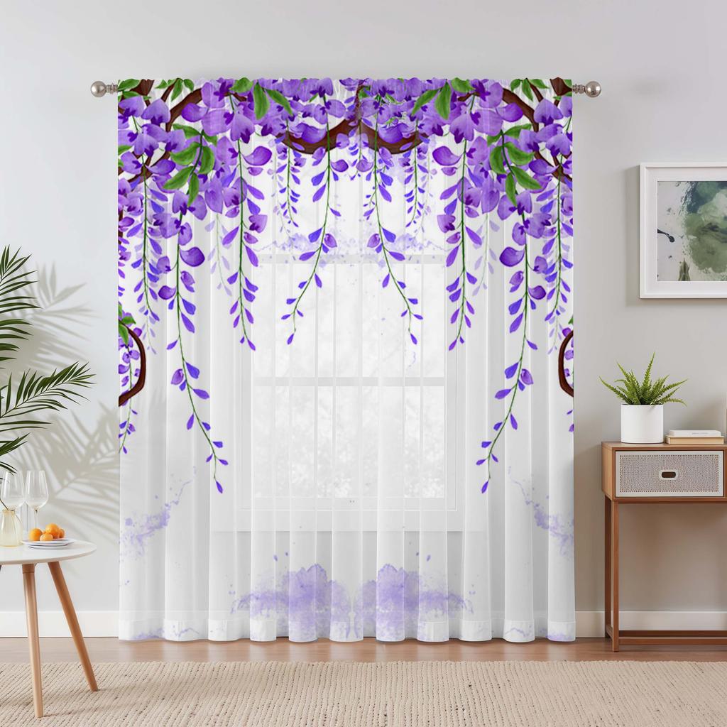 2 Pcs Elegant Purple Wisteria Sheer Curtain – Polyester Rod Pocket for Living Room Bedroom Balcony Study Decor