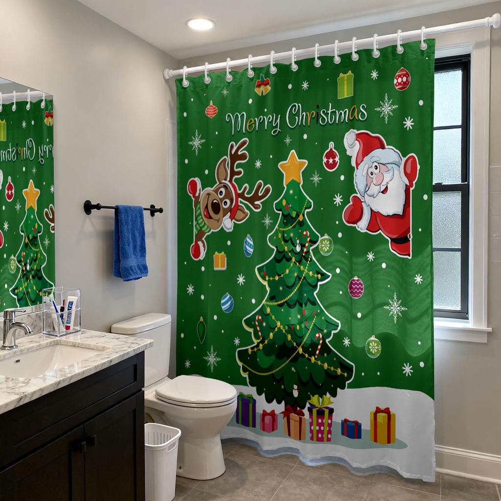 1pc Christmas Tree Cartoon Santa Claus Print Waterproof Shower Curtain Partition Privacy Hanging Curtain 12 Hooks Multiple Sizes