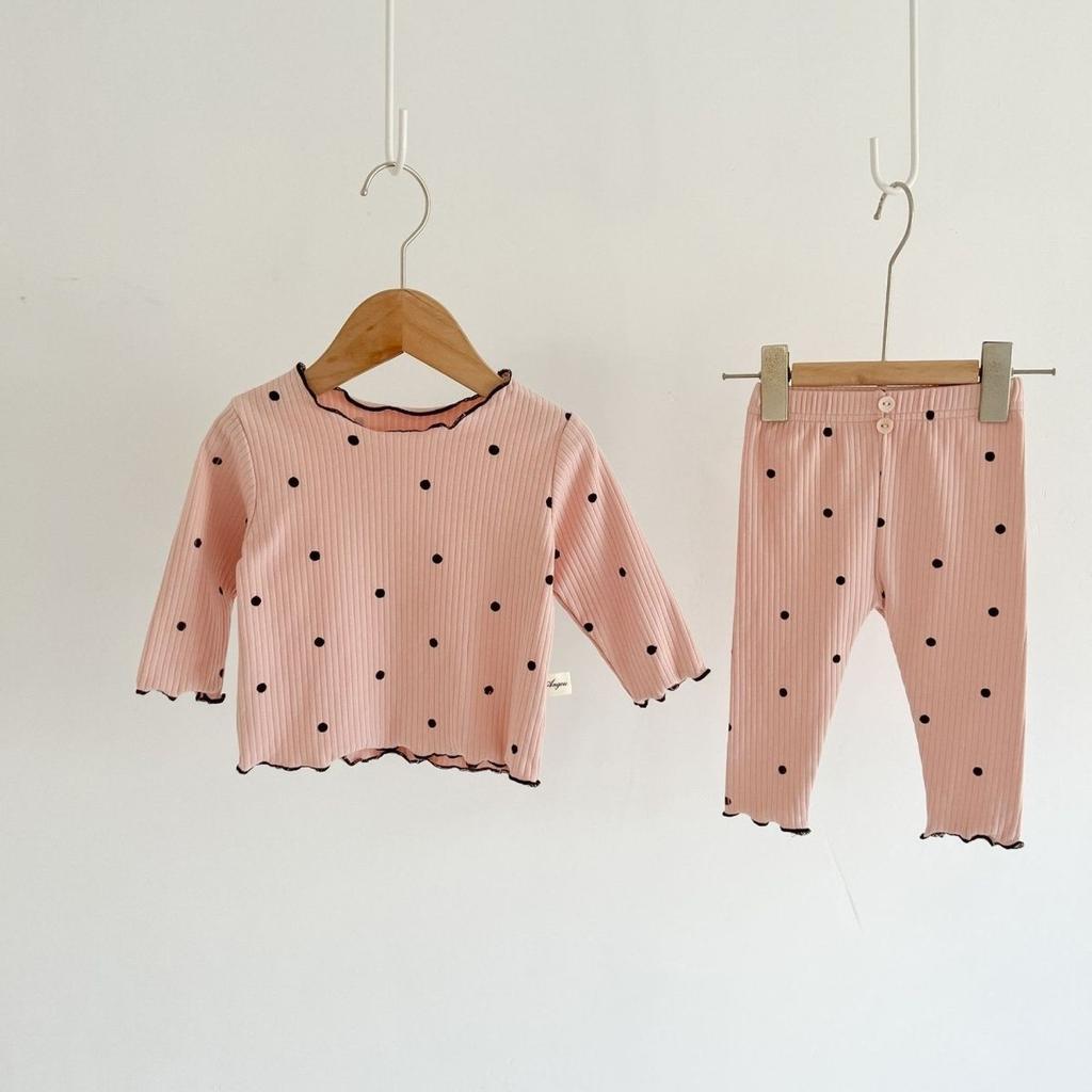 Girls' Home Clothes Baby Girls' Long Sleeve Ribbed Pit Bar Pajamas Two Piece Set with Mushroom Edges