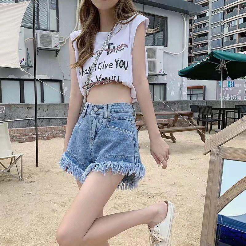 

Брюки с кисточками и меховой отделкой, джинсовые шорты, летний новый стиль, облегающие джинсы с высокой посадкой для женщин M