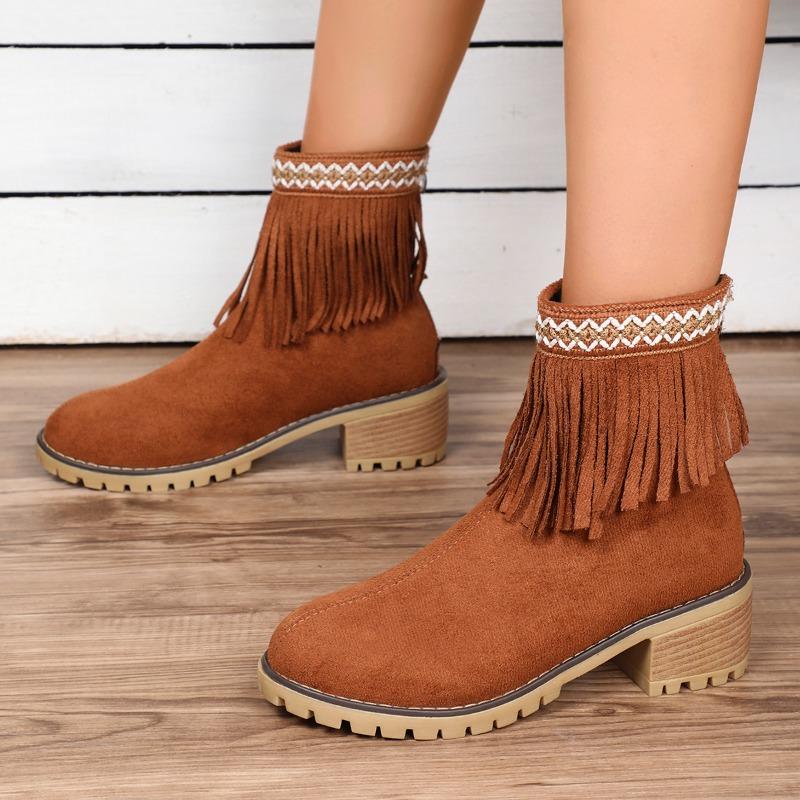 2024 Women's Medium Low Heel Bohemian Motorcycle Boots Tassel Cowboy Boots Spring and Autumn Tassel Women's Boots High Heels