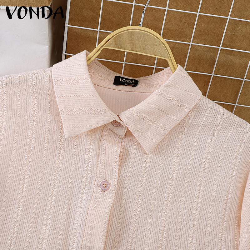 VONDA Women Fashion Solid Color Shirt Collar Striped Ruffle Long Sleeve Shirts