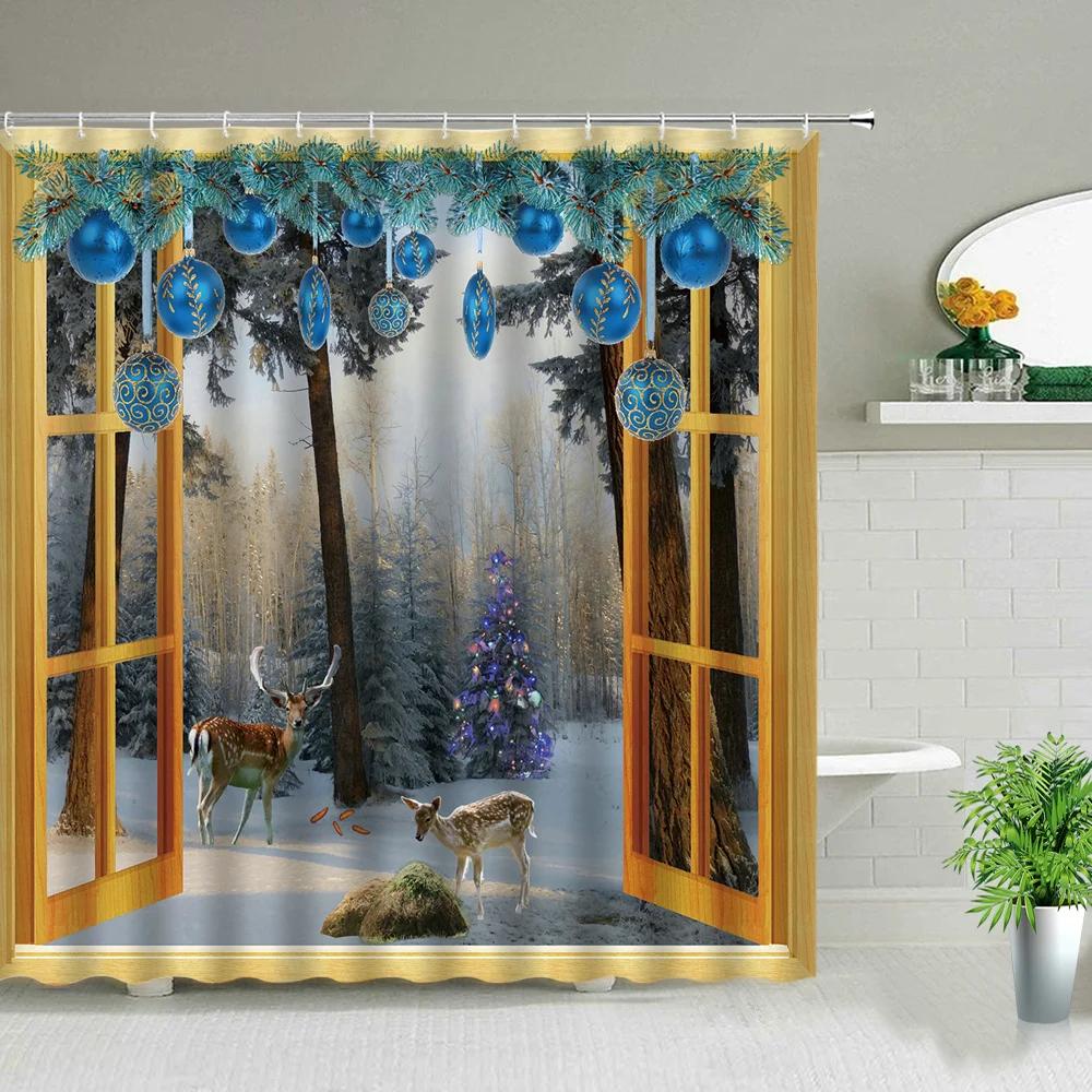 Waterproof Bathroom Shower Curtain Elk Christmas Santa Claus Fairy Snow Night Printed Bath Washable Quick Dry Wrinkle Decoratio