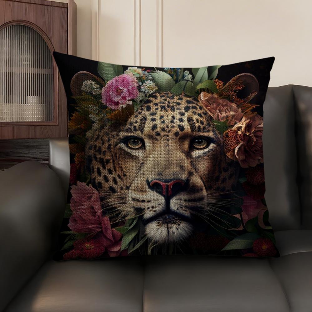 Uropean Fashion Leopard Cushion Cover Natural Linen Organic Fabric Double-Sided Printing Sofa Home Decor Gift Pillow Case