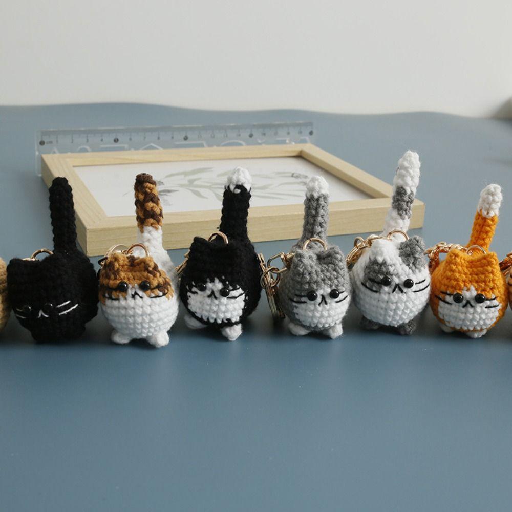 Handmaking Crochet Kitten Keyrings Animal Cat Key Chain Creative Handwoven Cat Pendant Bag Decor