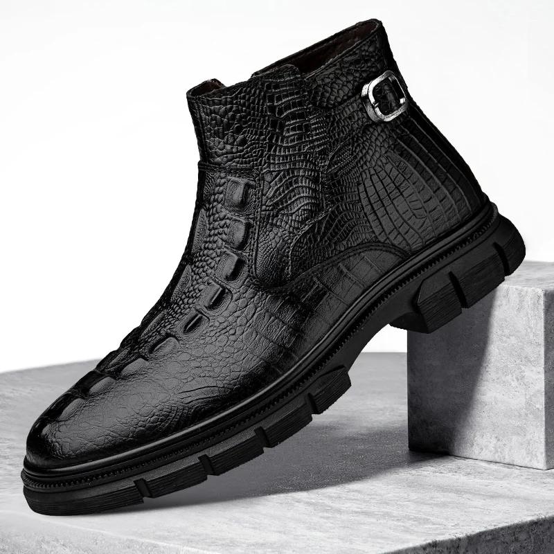 Winter Luxury Brand Chelsea Men Boots Platform Business Fleece Warm Genuine Leather High Top Leather Shoes Cracked Leather Boots