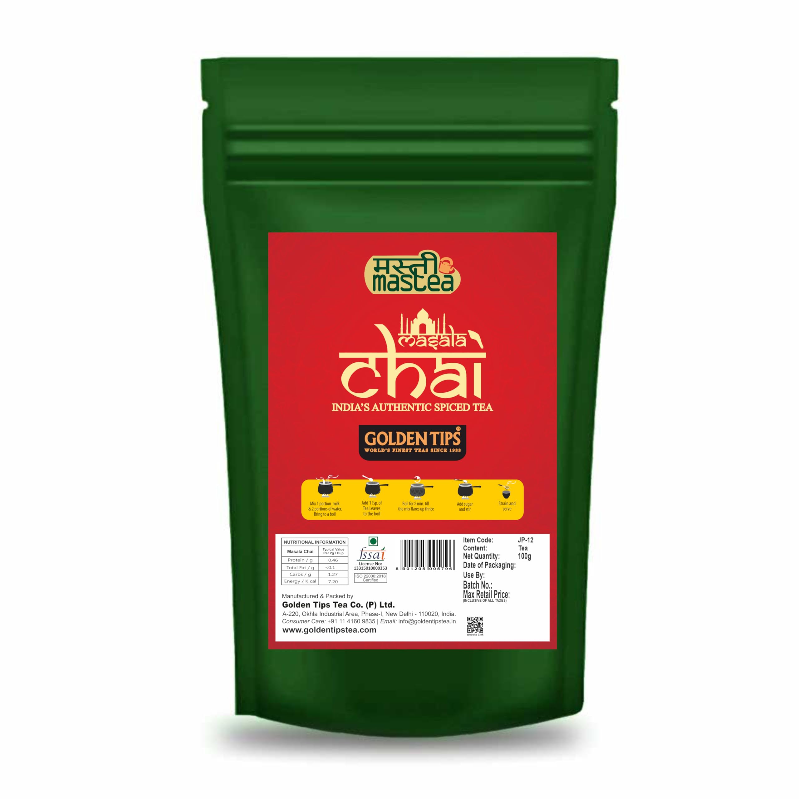Golden Tips Indian Masala Chai, Loose Leaf Black Tea with Green Cardamom & Cinnamon, Spiced Tea Blend, Bold & Aromatic Flavor, Traditional Indian C