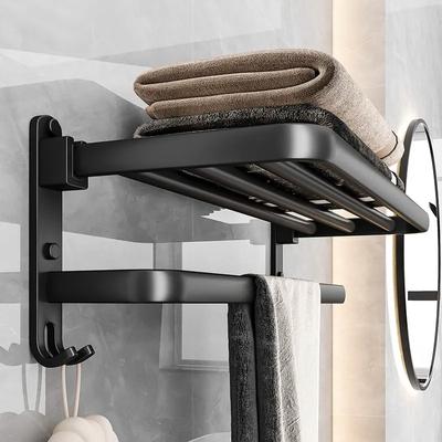 Schwarzer Handtuchhalter ohne Bohren Selbstklebender Badezimmer-Handtuchhalter Regal Wandhalterung Aluminiumlegierung Turmstangenaufhänger mit Haken