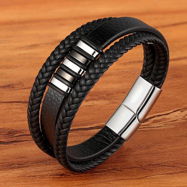 European And American Popular Stainless Steel Leather Bracelet Men's Multilayer Woven Leather Bracelet