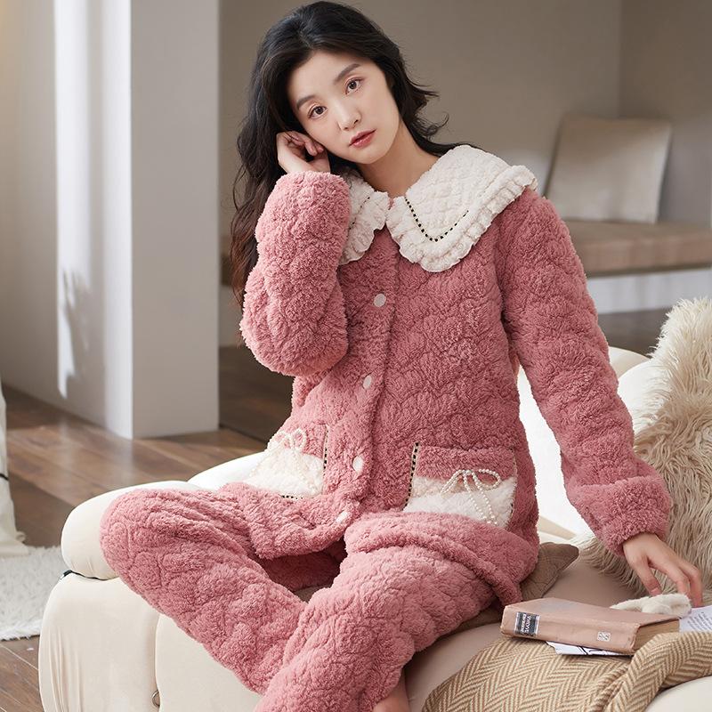 Coral Velvet Quilted Pajamas Women's Winter Three Layer Thick and Fleece Home Wear Women's Winter Flannel Thermal Set
