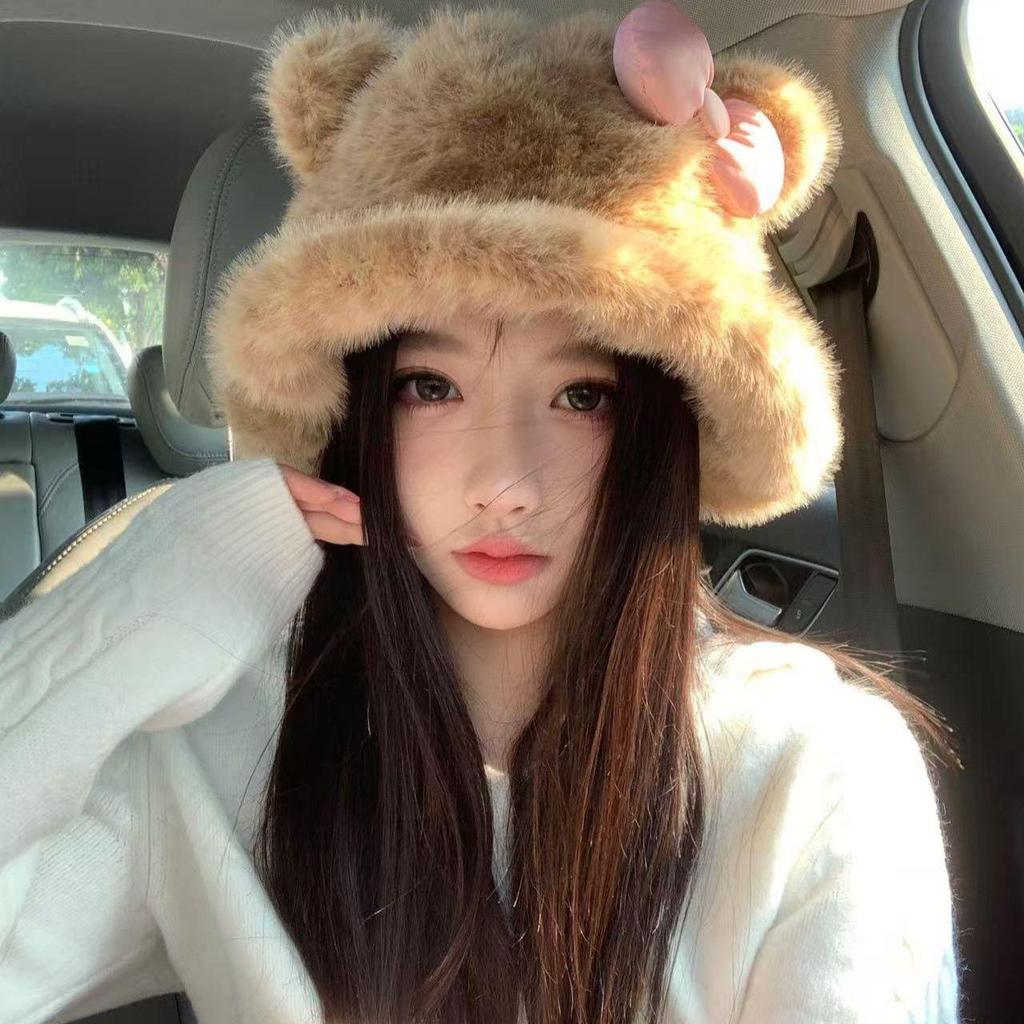 Korean Leopard Print Plush Bucket Hat for Women - Warm, Fluffy, Ear Protected, Large Fit for Autumn/Winter