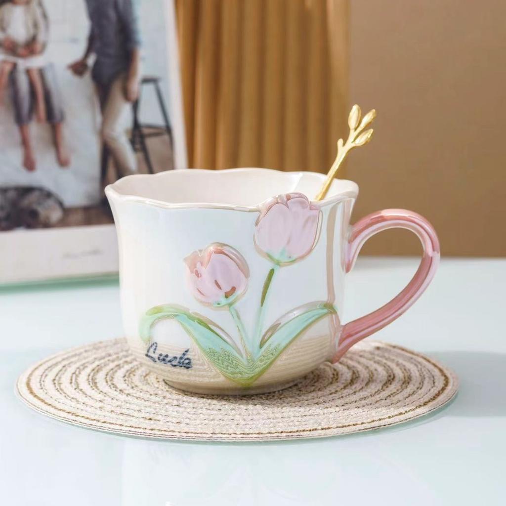 Tulip Ceramic Cup Exquisite Three-dimensional Relief Household Girl's High-Looking Coffee Cup Mug