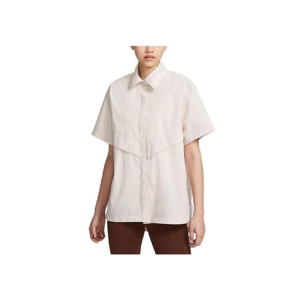 Nike Sportswear Collection Solid Color Woven Short Sleeve Shirt Women Tops Light-Redwood-Brown FB8293-104