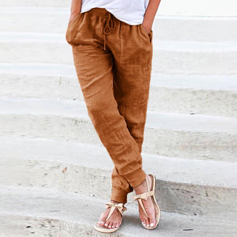 Women's Casual Cotton Hemp Pants Pure Color High Waist Ankle Simple Spring Autumn Female Pocket Pant