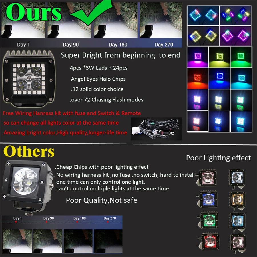 Pair 3X3Inch 24W Spot Cube Pods Led Work Light Bar With Rgb Angel Eyes