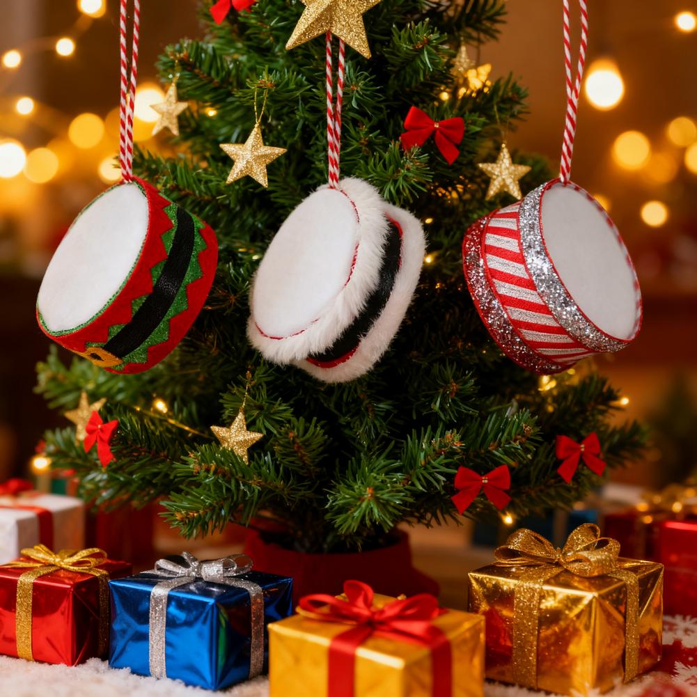 Christmas Drum Hanging Ornament for Tree Decoration Plush Fabric Texture Classic Red Green Colors Festive Eye-Catching Decor
