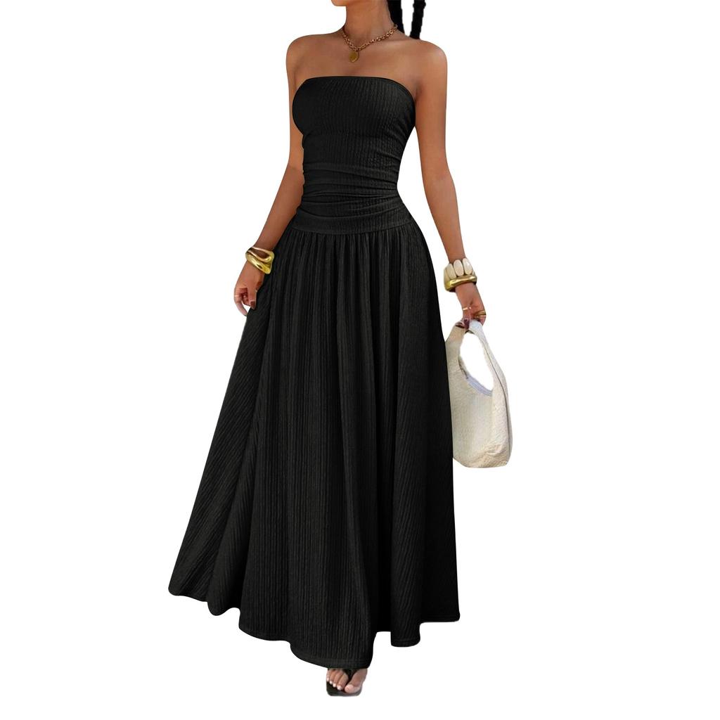 Women Sleeveless Strapless Tube Top Maxi Dress Casual Fitted Elegant Ruched Bodice Flowy Long Dress for Summer Party Vacation