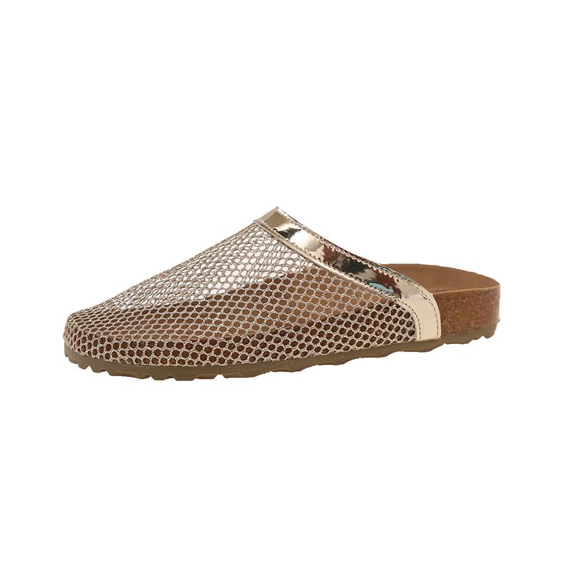 

Fashion Mesh Hollow-out Breathable Wrapped-Head Slippers Summer New Round Toe Covered Foot Non-Slip Wear-Resistant Flats 35 золотой