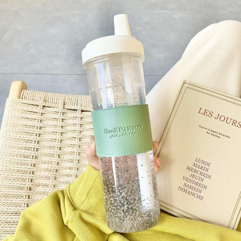 850ML Cute Pearl Milk Tea Straw Plastic Water Bottle with Cup Cover Women Large Capacity Juice Boba Milk Cup Drop-proof Portable Cup