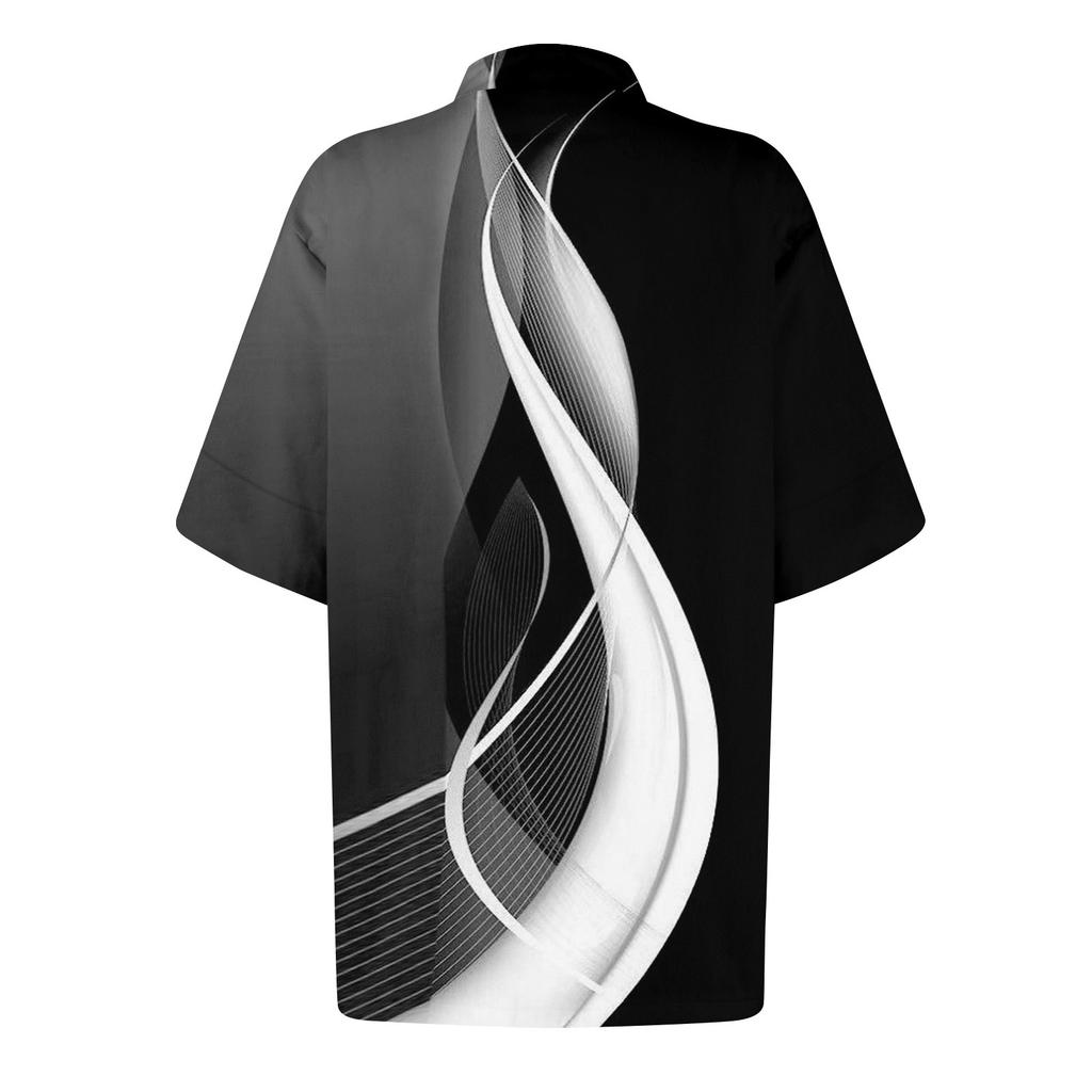 Women's loose printed stand collar short-sleeved cotton and linen top