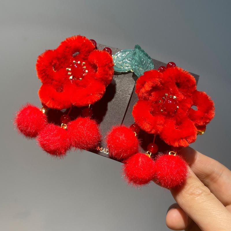 Red New Year Hanfu Hair Clips for Girls - Chinese Style Floral Headwear
