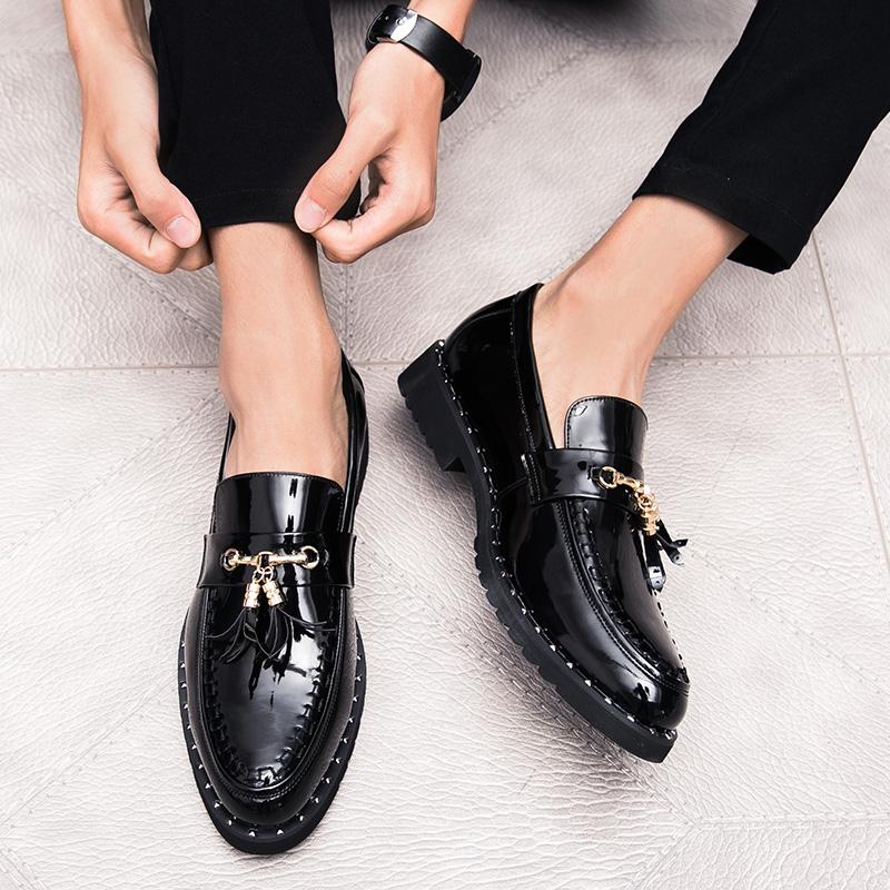 Men Classic Retro Loafer Casual Street Style Gold Patent Leather Platform Black Dress Party Shoes Large Size