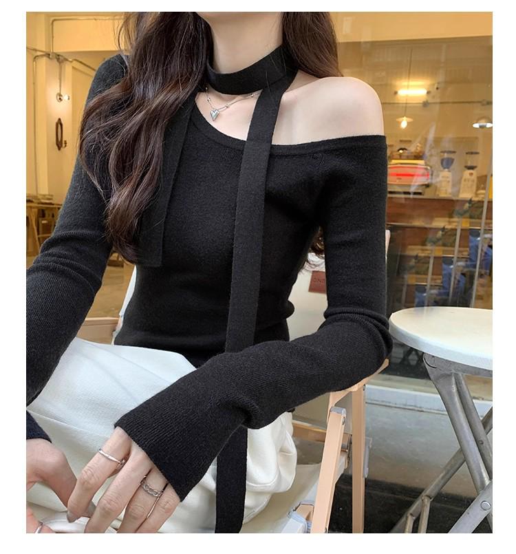 

Women s Black Off-Shoulder Slim Fit Knit Top - Autumn/Spring Design One Size