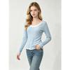 Womens Mock Two-Piece U-Neck Ribbed Knit Top Soft Viscose Long Sleeve Slim Fit Layering Base Shirt Fall