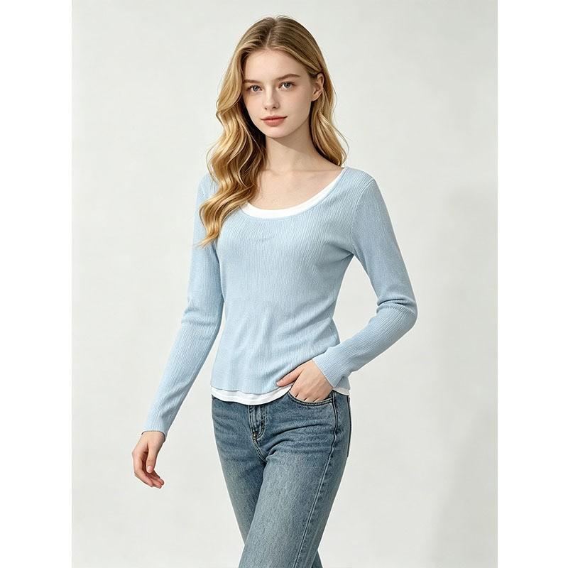 Womens Mock Two-Piece U-Neck Ribbed Knit Top Soft Viscose Long Sleeve Slim Fit Layering Base Shirt Fall