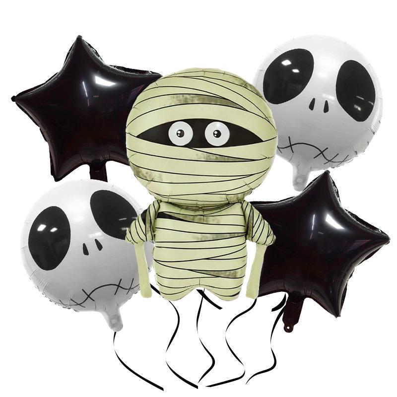 Five-Piece Halloween Balloon Set: Pumpkin, Skeleton, and Bat Foil Balloons for Spooky Atmosphere
