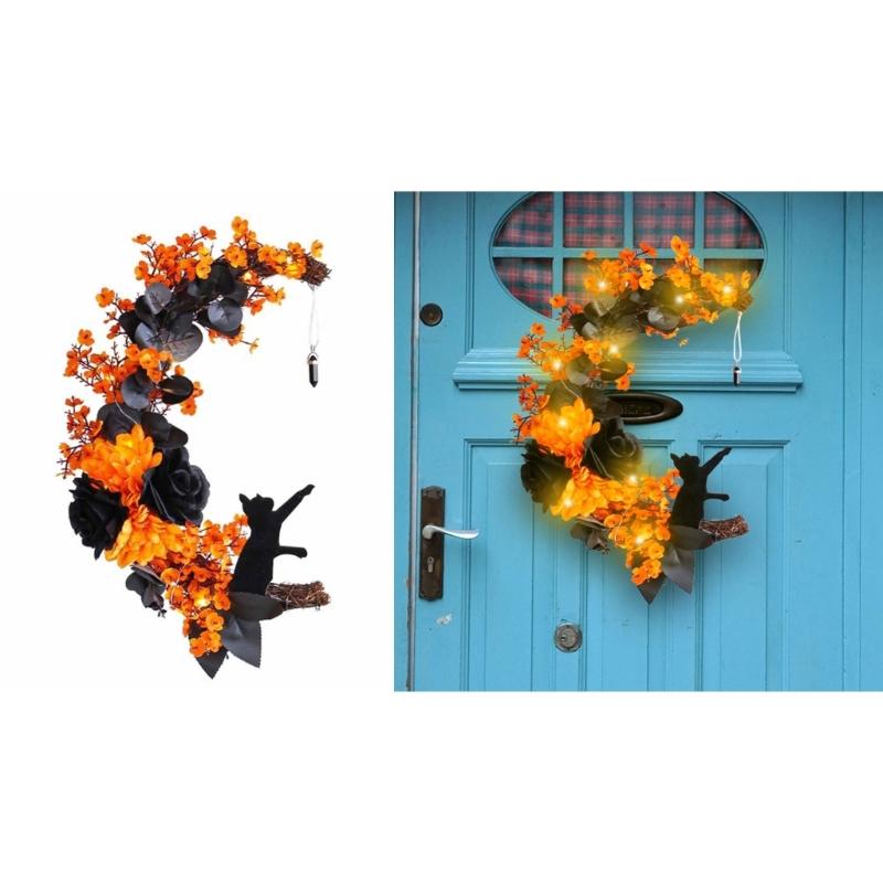 Halloween Moon Cat Wreath Simulation Hanging Pendant Autumn Rustic Crafts Spooky Halloween Decorations for Home Party