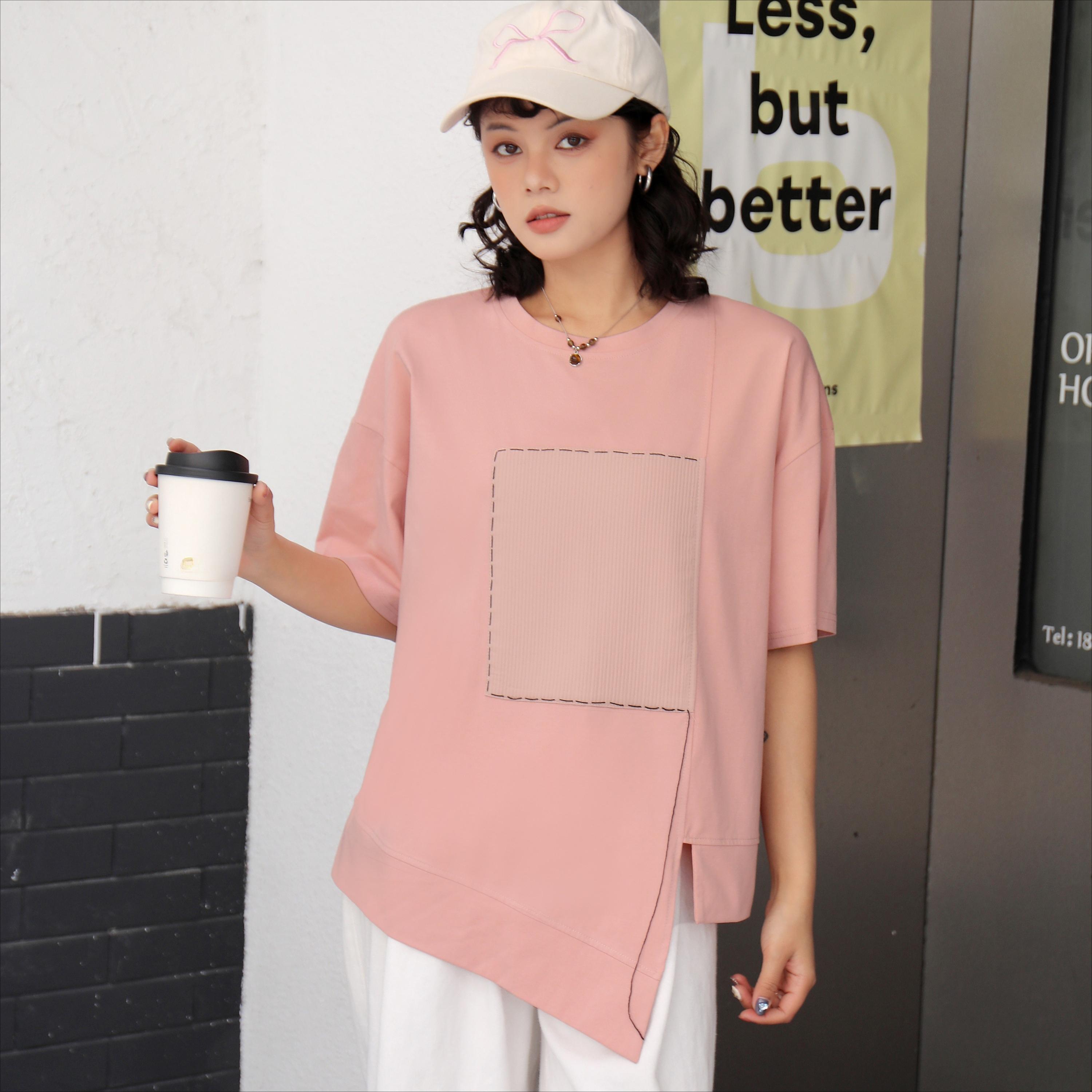 

DIMANAF 2025 Летняя футболка с карманом Женская с принтом Асимметричная с коротким рукавом Свободная Белая Черная One Size