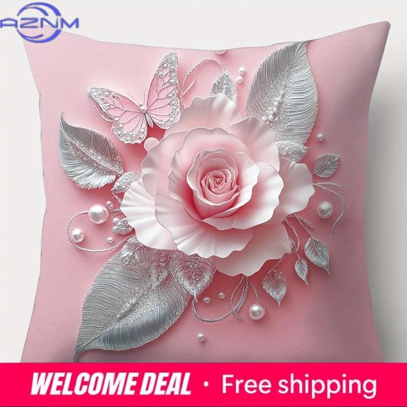 Home Decor Pink Roses & Butterflies Pillow Covers Pattern Cushion Cover Suitable For Sofa Bedroom Car Pillow Cover