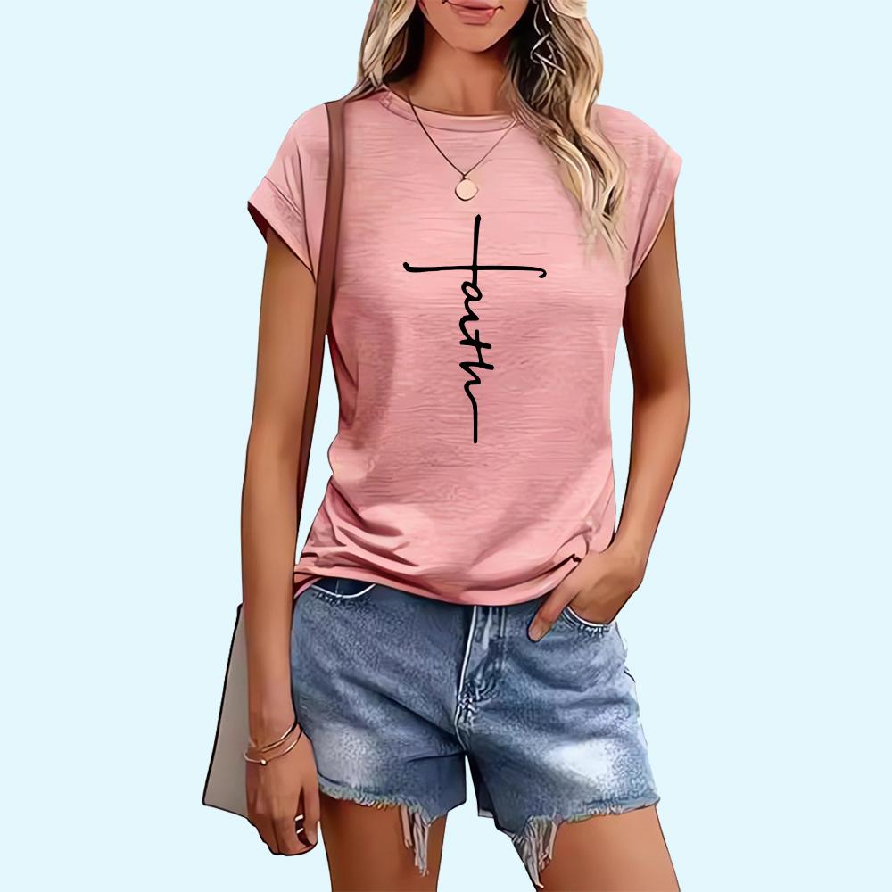 Tricou de damă la modă cu imprimeu cruce, casual de primăvară și vară, top cu guler rotund, tricou cu mânecă scurtă