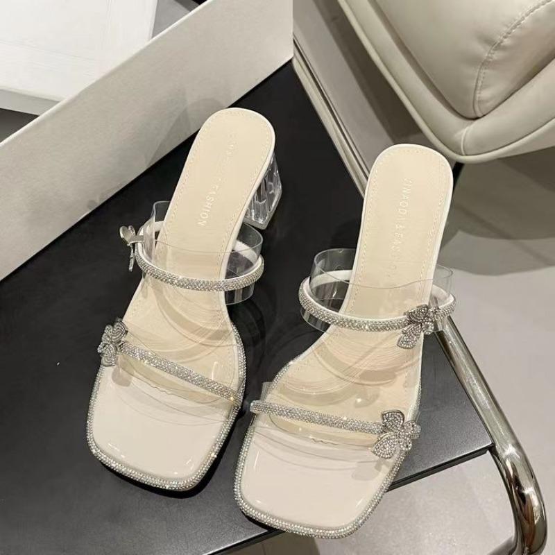High Heels Slippers Transparent Rhinestones One-shoulder Thick-heeled Shoes Slippers