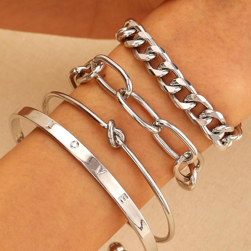 Punk Hip-Hop Alloy Bracelet Set - 4 Piece European & American Style