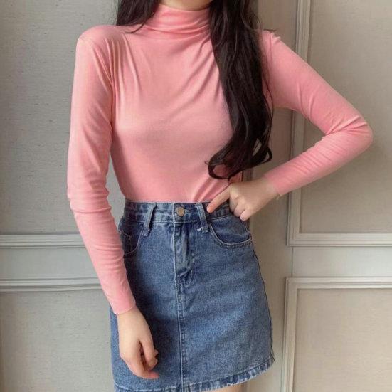 Women Bottoming Top Slim Fit Long Sleeve Half Turtleneck High Elasticity Pullover Keep Warm Solid Color Autumn Winter Lady Bottomed