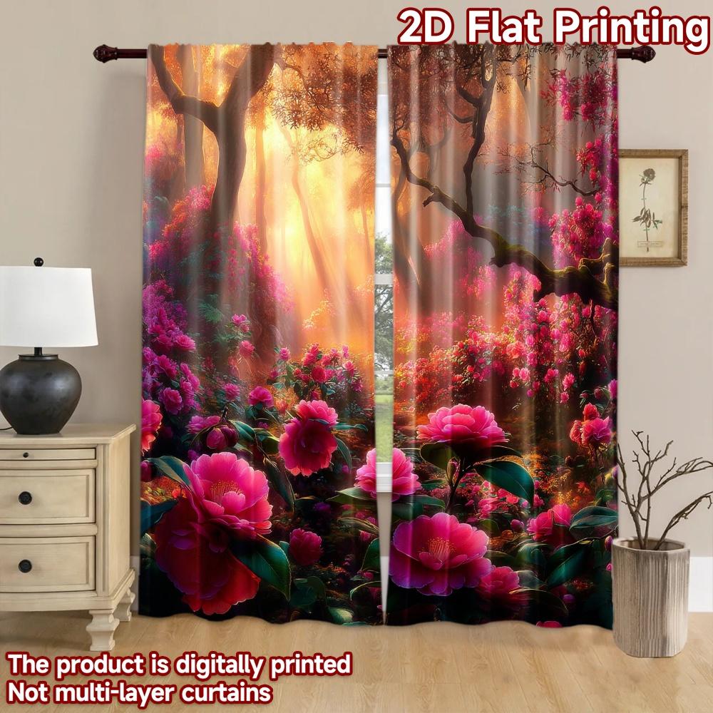 2D Flat Printing 2pcs Window Curtains Enchanted Forest Pink Camellias Digital Printed Polyester Drapes Festive Wall Decor