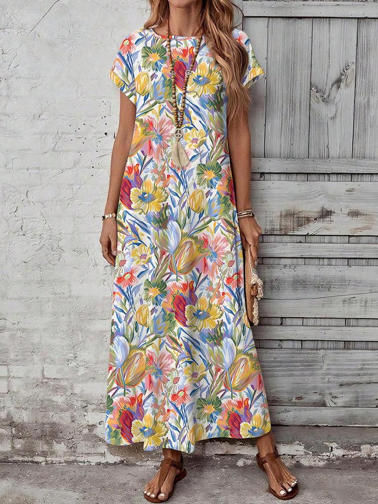 Casual Versatile Patterned Summer Dress For Women,Casual Women's Dresses Short Sleeve Modest Bohemian Maxi Floral Print