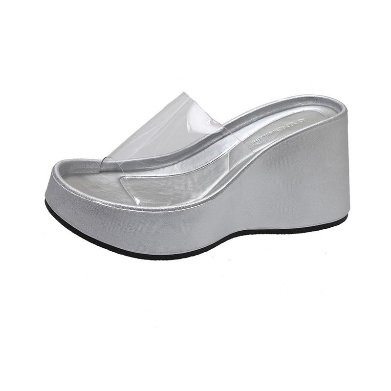 Fashion Women's Outdoor Slippers 2025 New Summer Slope Heel Beach Slippers Transparent Strap High Heel Thick Bottom Straight Sandals