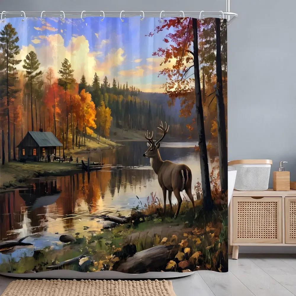 Herbstwald Hirsch Duschvorhang Fluss Sonnenuntergang Rustikale Scheune Thanksgiving Polyesterstoff Badvorhänge Badezimmerdeko mit Haken
