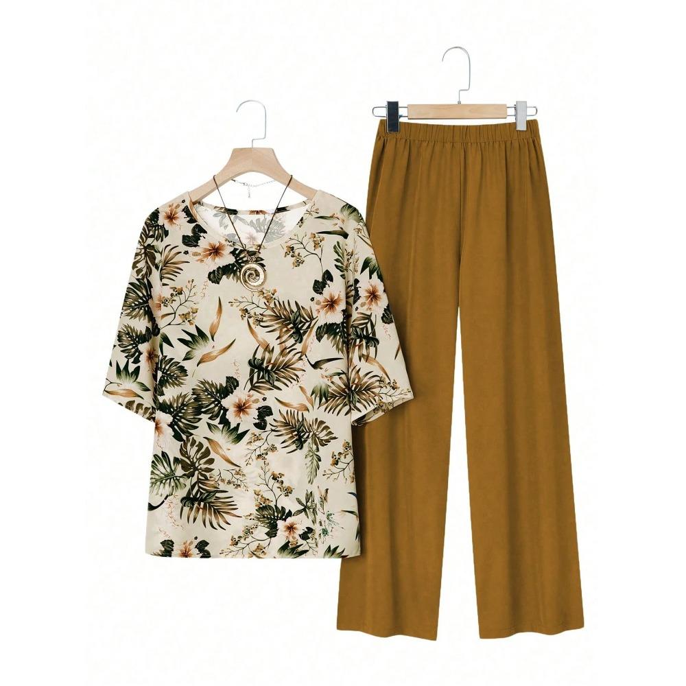 BITCED Women s Fashion Casual Short Sleeve O-Neck Pants Suits XL темно-коричневого