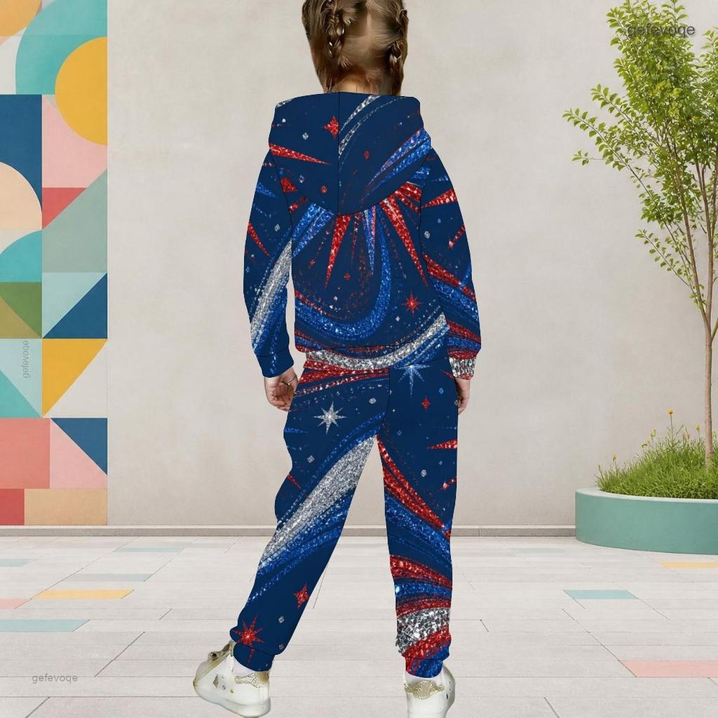 Girls Hooded Long Sleeve Star Printed Two Piece Set Red Blue White Kangaroo Pocket Cuffed Pants