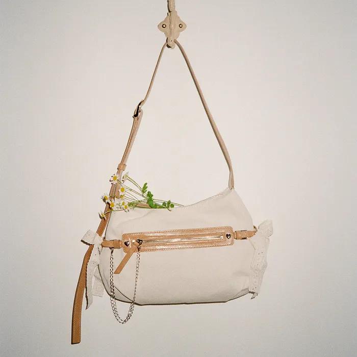 Belted ribbon bag_canvas caramel