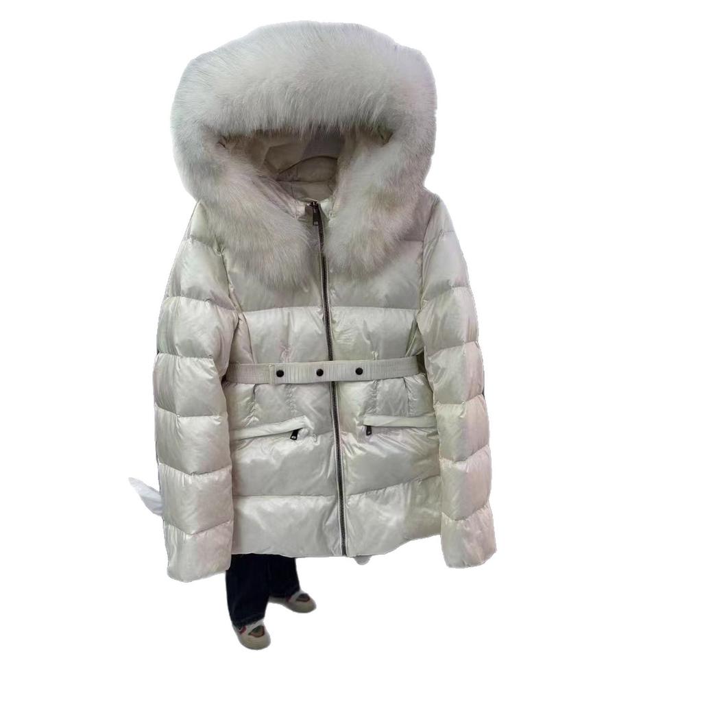 Autumn and winter new white duck down short down jacket female slim waist fox big fur collar hooded jacket tide