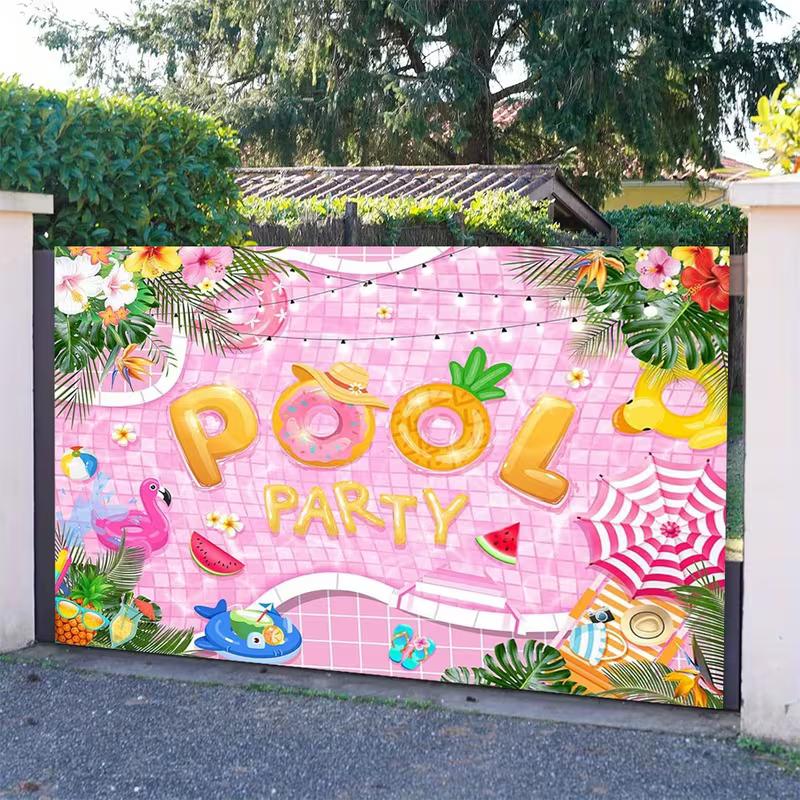 2D Summer Pool Party Backdrop with Watermelon and Pineapple for Kids Party