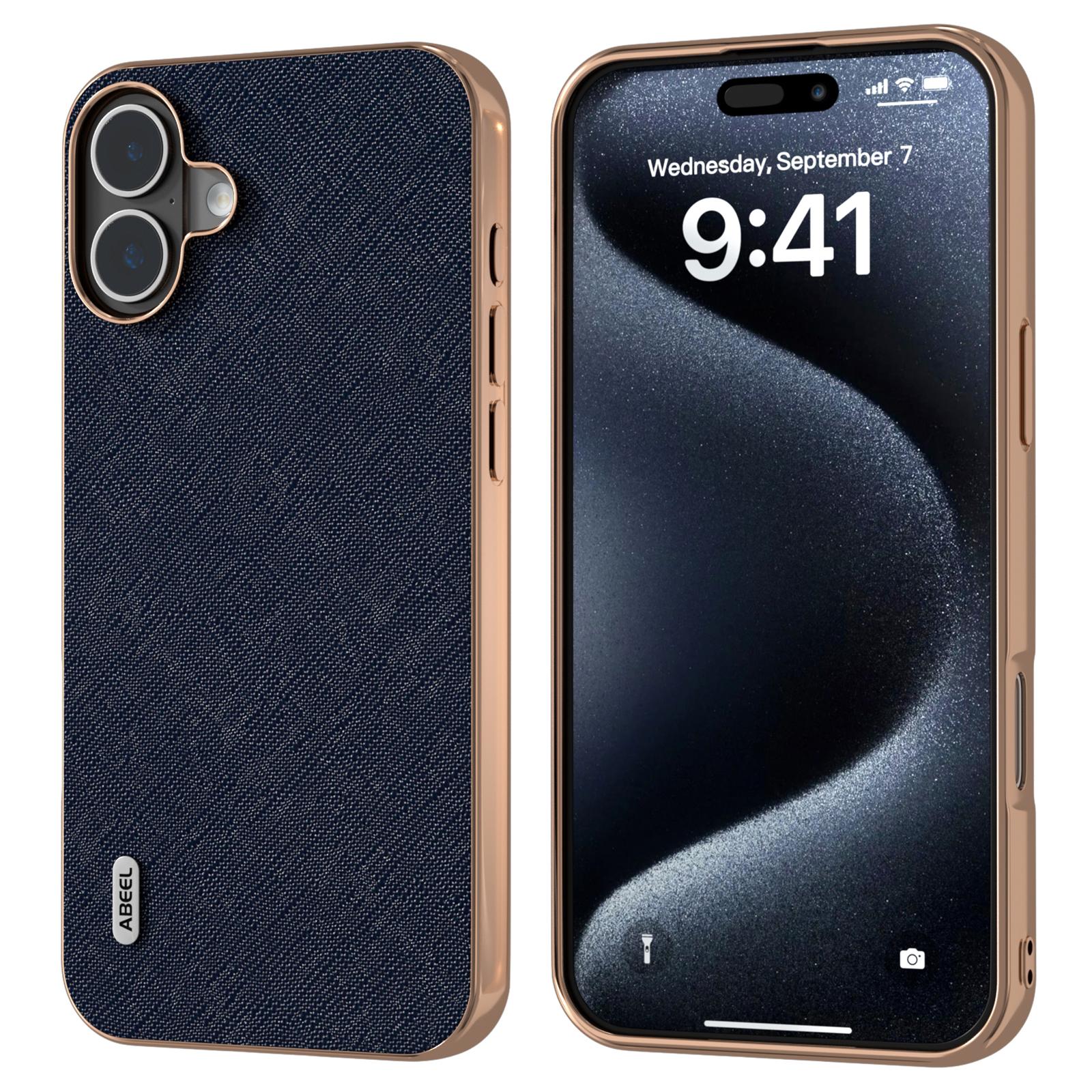 ABEEL For iPhone 16 Plus Case Electroplating Phone Cover Cross Texture Genuine Cow Leather+TPU Protective Case D