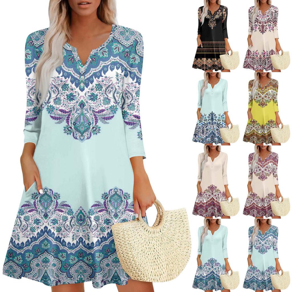 Women's Summer Dress Loose V Neck Three-quarter Sleeve Sundress With Pockets Dress